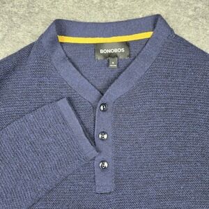Bonobos Henley Sweater Men's Medium Blue Merino Wool Blend 1/4 Button Preppy